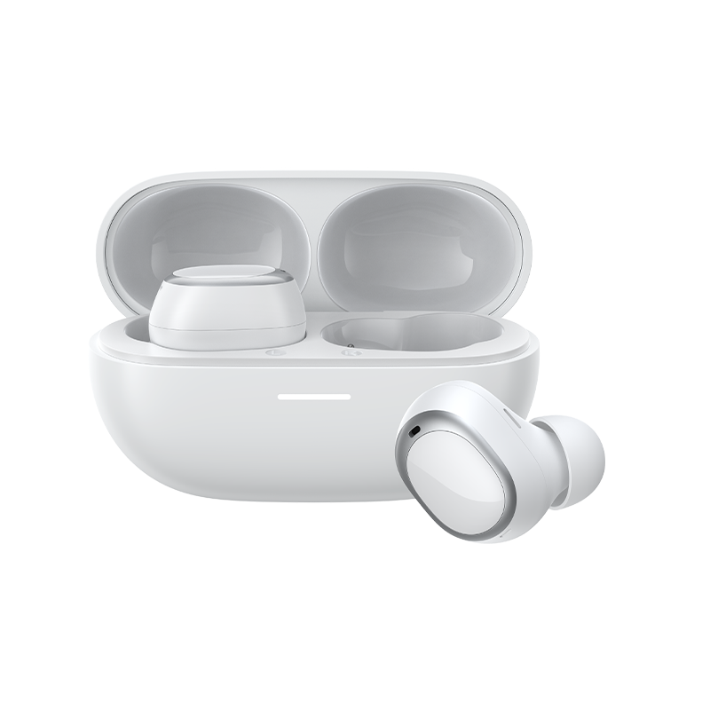 Écouteurs True Wireless QCY MeloBuds A30 en blanc, avec étui de chargement et un écouteur sorti
