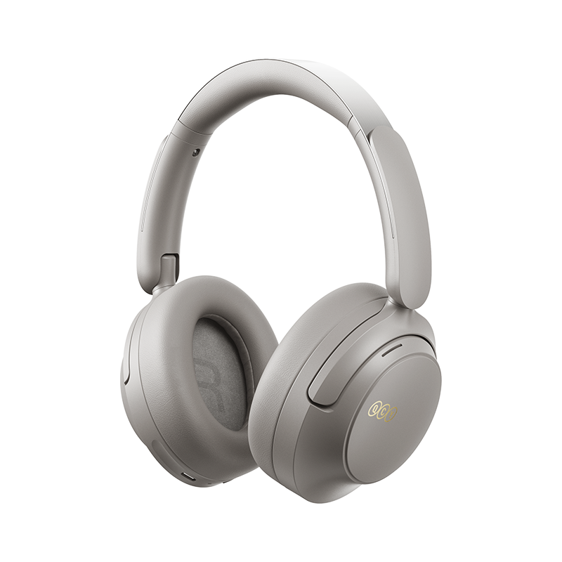 Casque sans fil QCY H3S gris, vue de face, logo « R » gris sur l'oreillette droite.