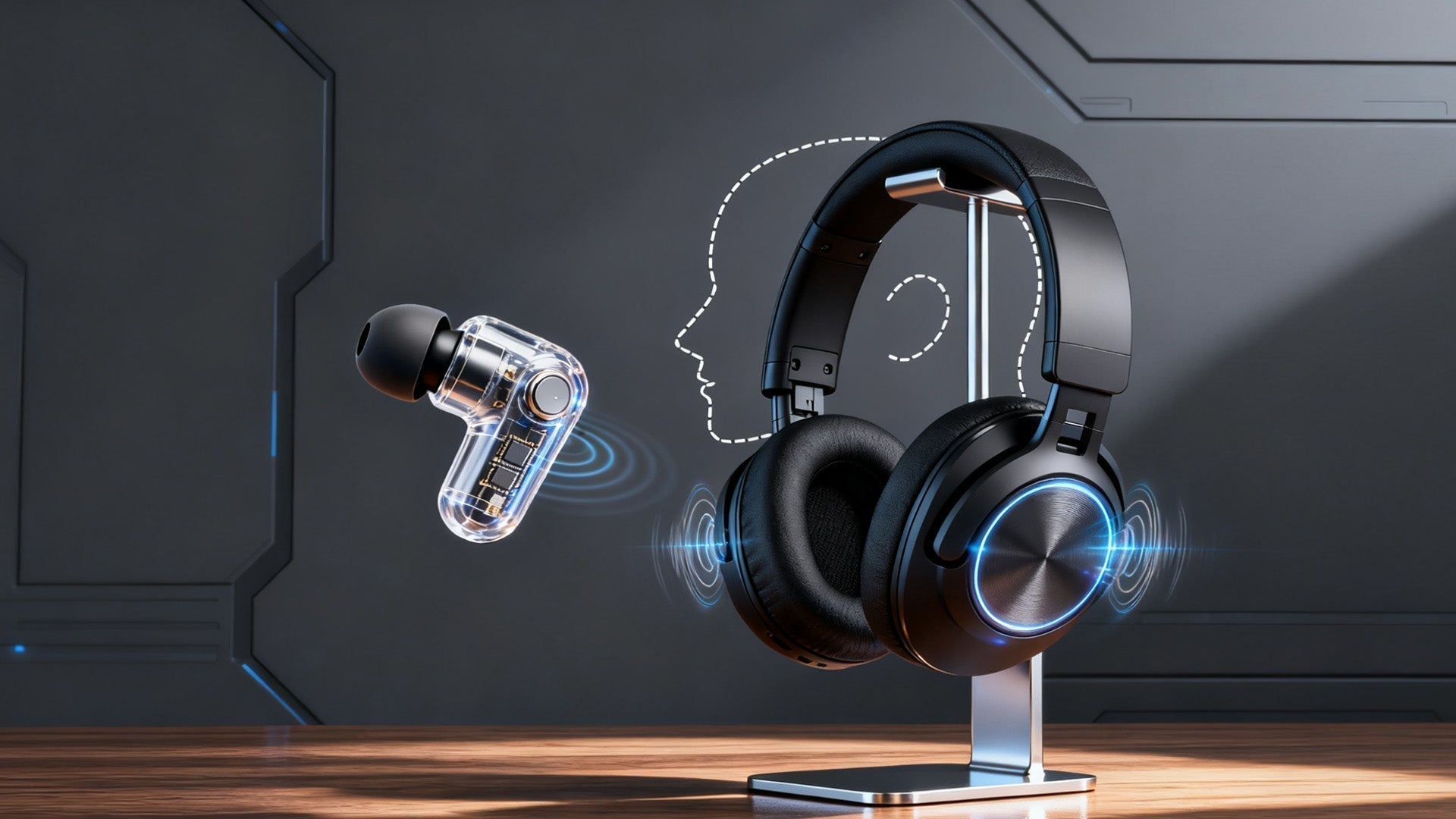 Vergleich: Transparenter kabelloser Ohrhörer neben schwarzem Over-Ear-Kopfhörer mit blauem Licht auf modernem Stand.