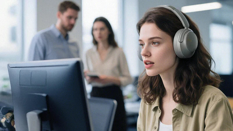 Frau mit Noise-Cancelling-Kopfhörern im Homeoffice – ideal für fokussierte Fernarbeit und klare Online-Meetings.
