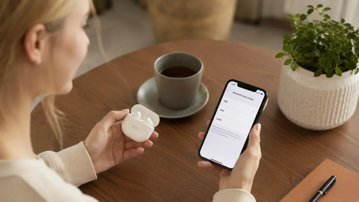 Frau wählt Bluetooth-Audio-Codec (AAC) auf Smartphone, hält QCY-Ohrhörer – ideal für Codec-Vergleich: SBC, AAC, LDAC.