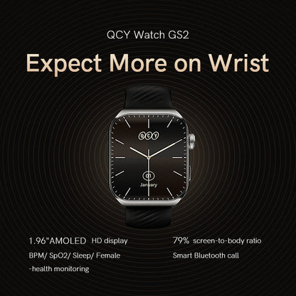 Black QCY Watch GS2 showcasing time, date, and health metrics on a stylish display with a contemporary design