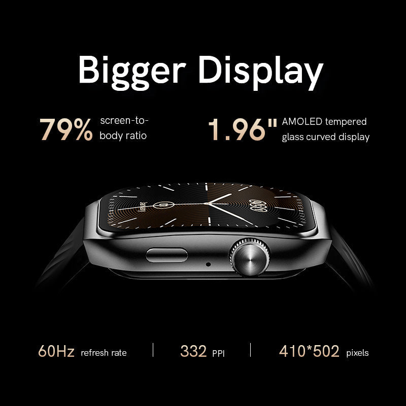 Black QCY Watch GS2 showcasing a 1.96" AMOLED display with 79% screen-to-body ratio and 60Hz refresh rate