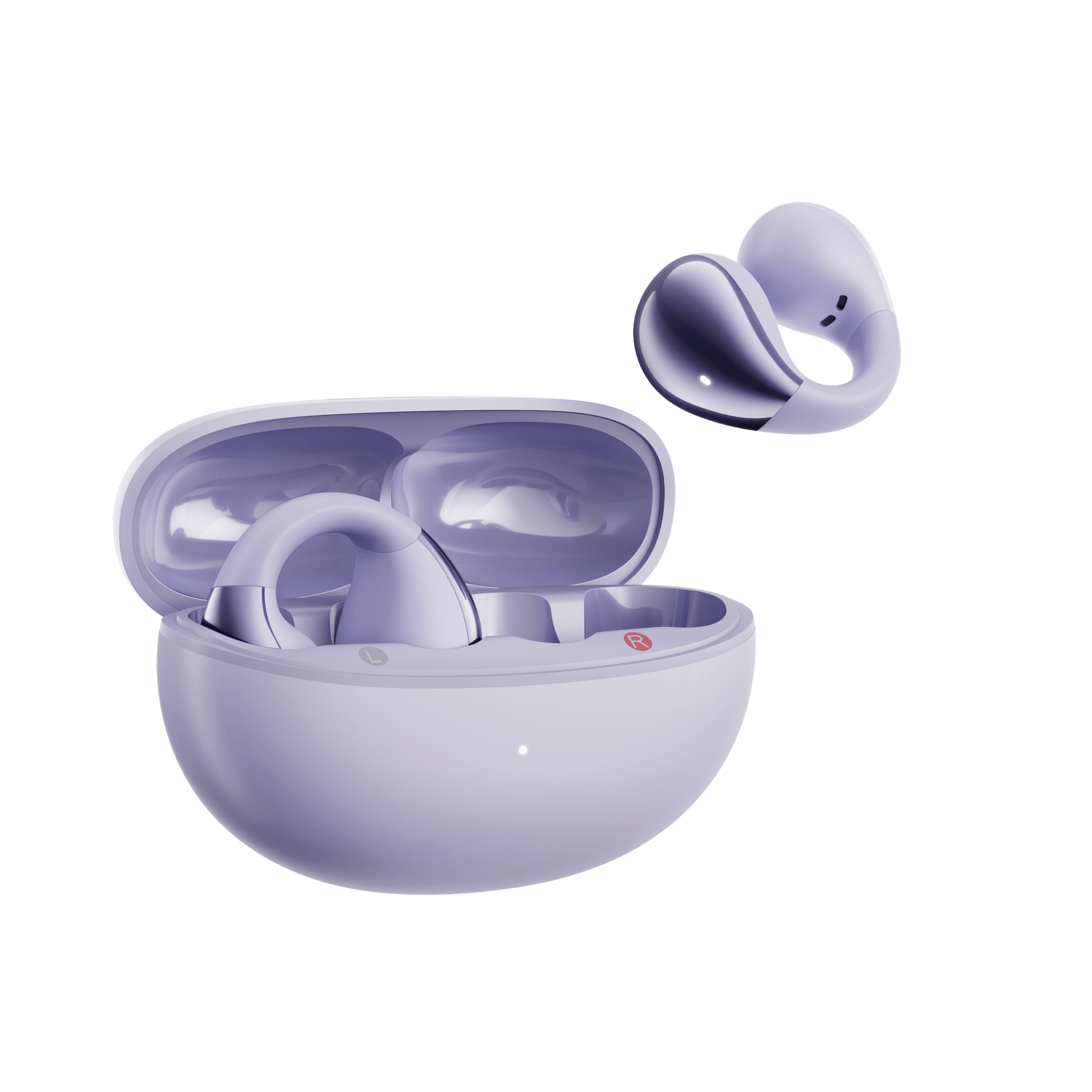 Purple QCY Crossky C30 with open case and floating earbud showing ergonomic design on light background.