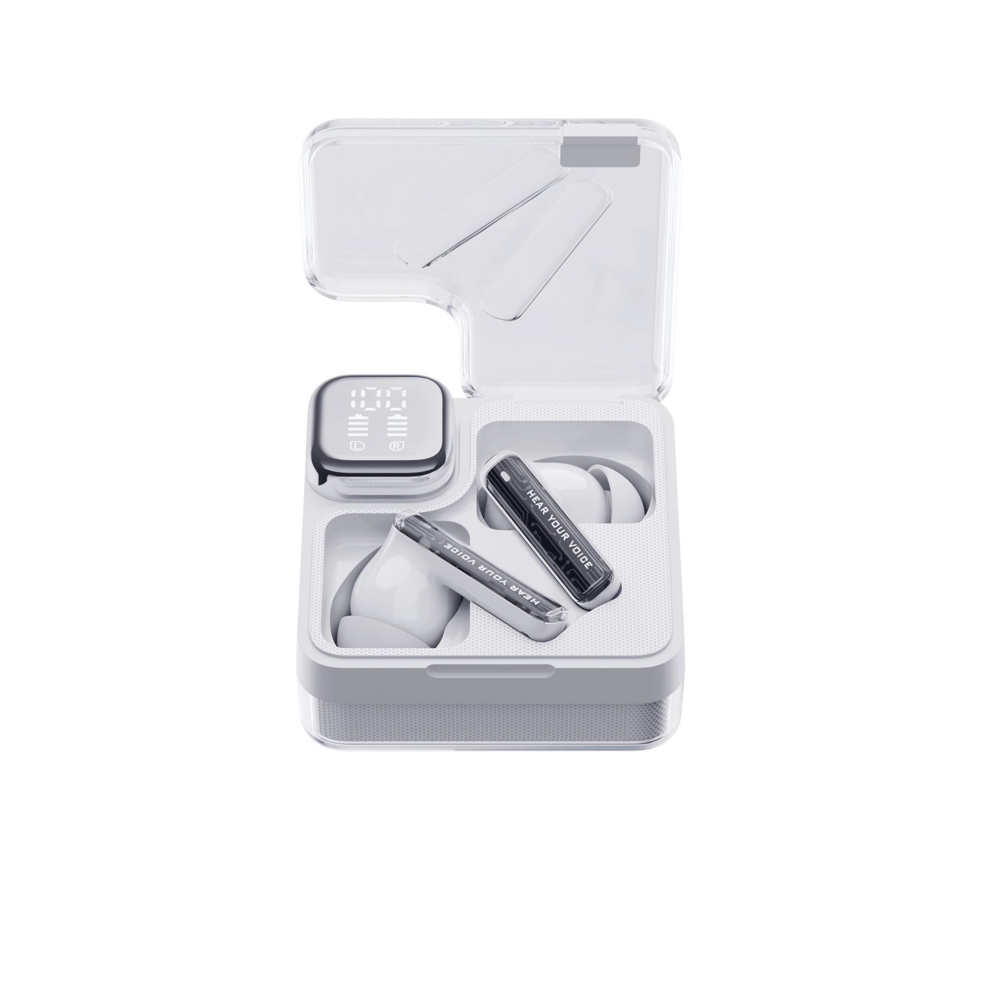 White QCY MeloBuds Neo earbuds in open clear case with display, angled view, "Hear Your Voice" text visible.