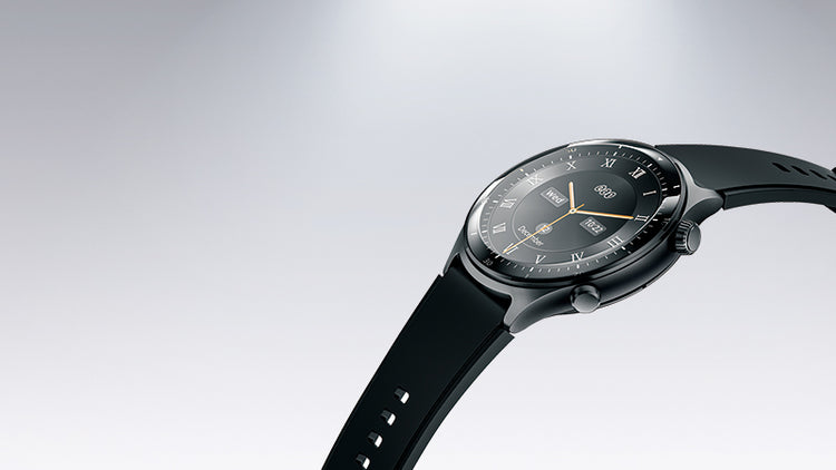Montre connectée avec bracelet noir et cadran classique, design moderne pour une technologie élégante.