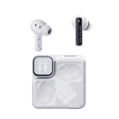 White QCY MeloBuds Neo earbuds with "Hear Your Voice" text, shown with clear case and digital display.