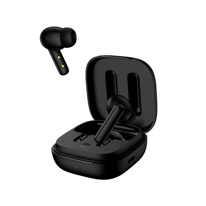 Black QCY T13 ANC with one earbud floating, side-angled view of open case showing charging contacts and LED