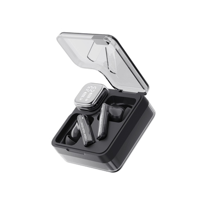 Black QCY MeloBuds Neo earbuds in open clear case with digital display, "Hear Your Voice" text visible.