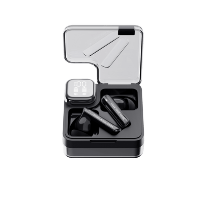 Black QCY MeloBuds Neo earbuds in open clear case with display, angled view, "Hear Your Voice" text visible.
