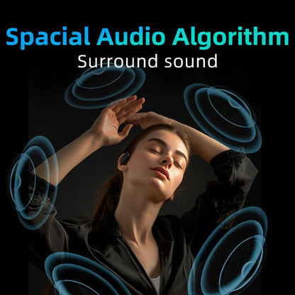 Black QCY Crossky GTR2 earbud worn by model, highlighting spatial audio algorithm for surround sound experience