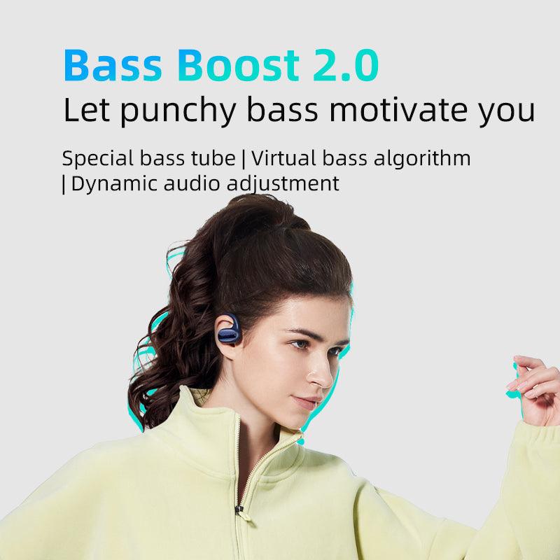 White QCY Crossky GTR2 earbud worn by model, highlighting Bass Boost 2.0 for punchy bass and dynamic audio adjustment