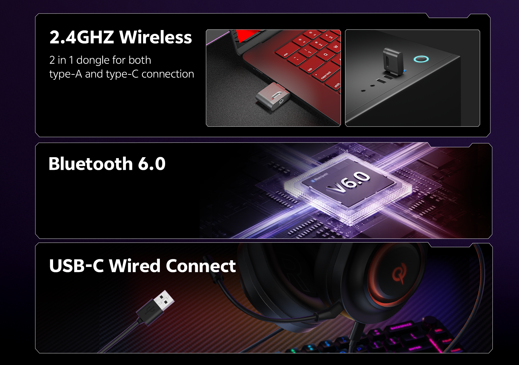 Casque QCY HT05 : sans fil 2,4 GHz, Bluetooth 6.0 et connexion par câble USB-C pour le gaming