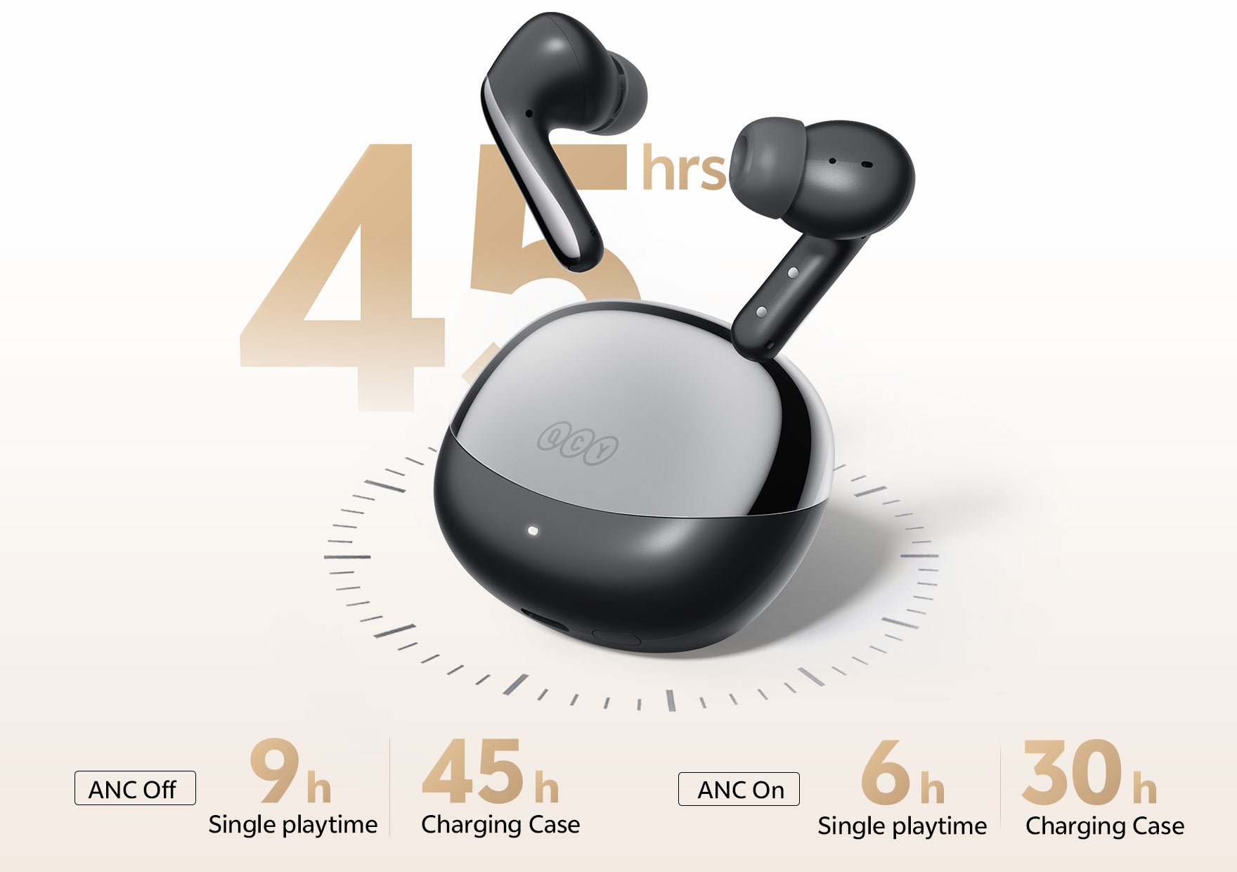 Écouteurs sans fil QCY avec ANC : autonomie de 9h, 45h avec boîtier de charge. Noir, ergonomique, pour musique et appels.