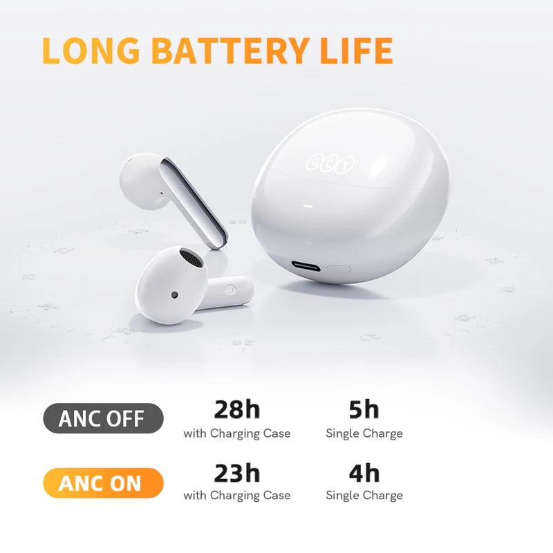 black QCY AilyBuds Pro+ battery life specifications - showing black earbuds and charging case on light background. Text displays "LONG BATTERY LIFE" with detailed battery duration: ANC OFF mode offers 28h with charging case and 5h single charge; ANC ON mode provides 23h with charging case and 4h single charge.