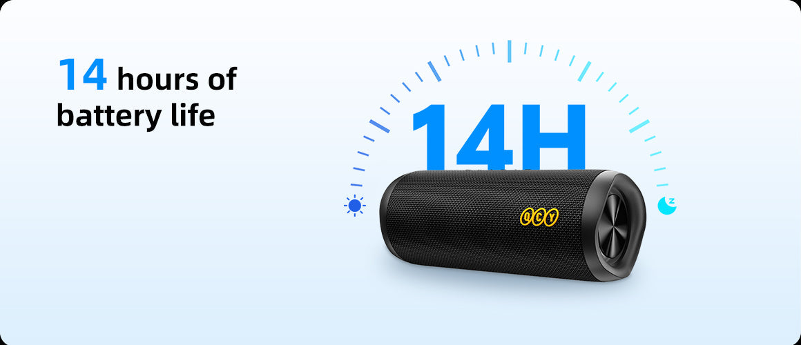 Haut-parleur Bluetooth QCY avec 14 heures d'autonomie. Noir, compact, idéal pour les déplacements.