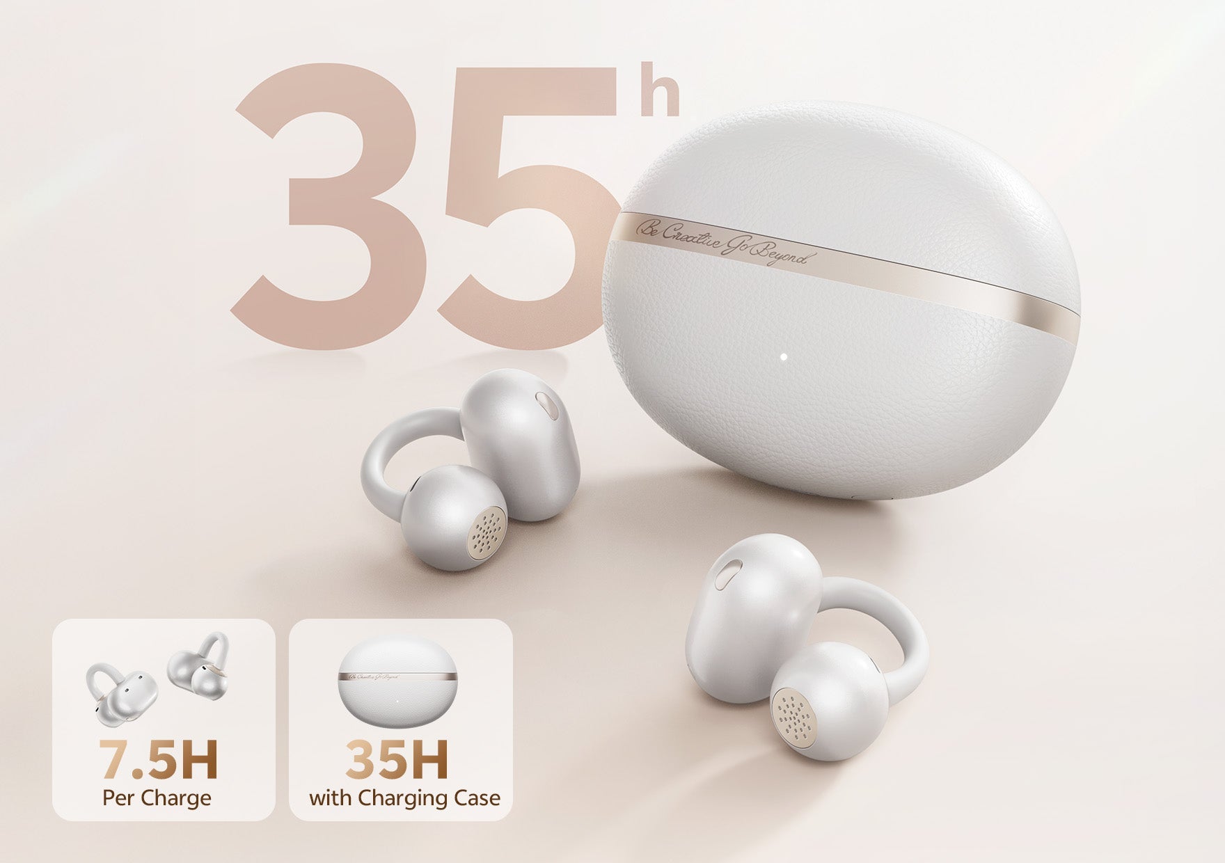 Écouteurs sans fil blancs avec boîtier de charge – 35 heures d'autonomie, design ergonomique.