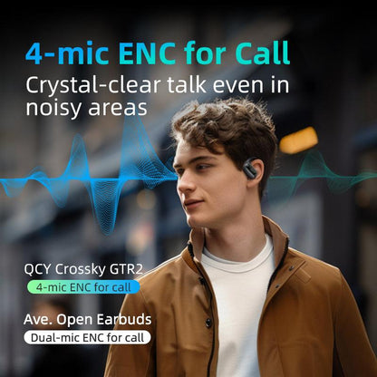 Black QCY Crossky GTR2 earbud worn by model, highlighting 4-mic ENC for crystal-clear calls in noisy areas