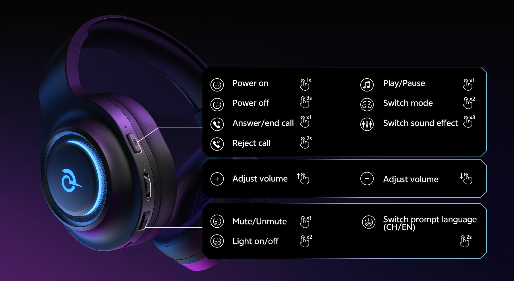 Casque avec commande tactile, Bluetooth et lumière LED.