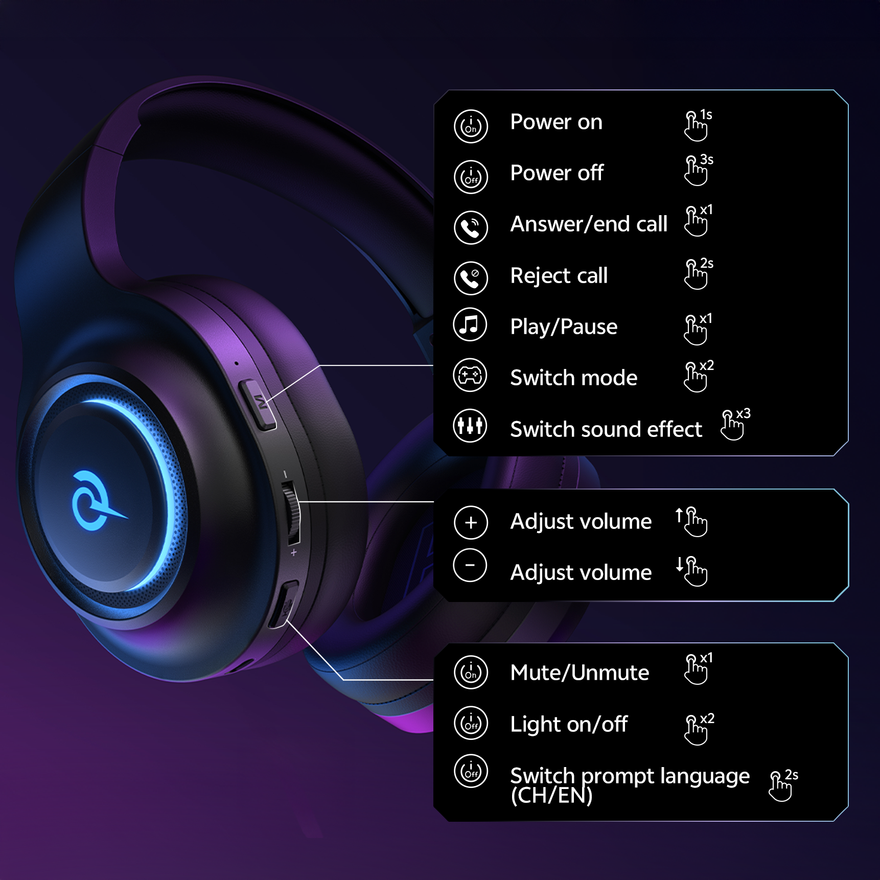 Casque de jeu avec éclairage RGB, contrôle tactile et sélection vocale.