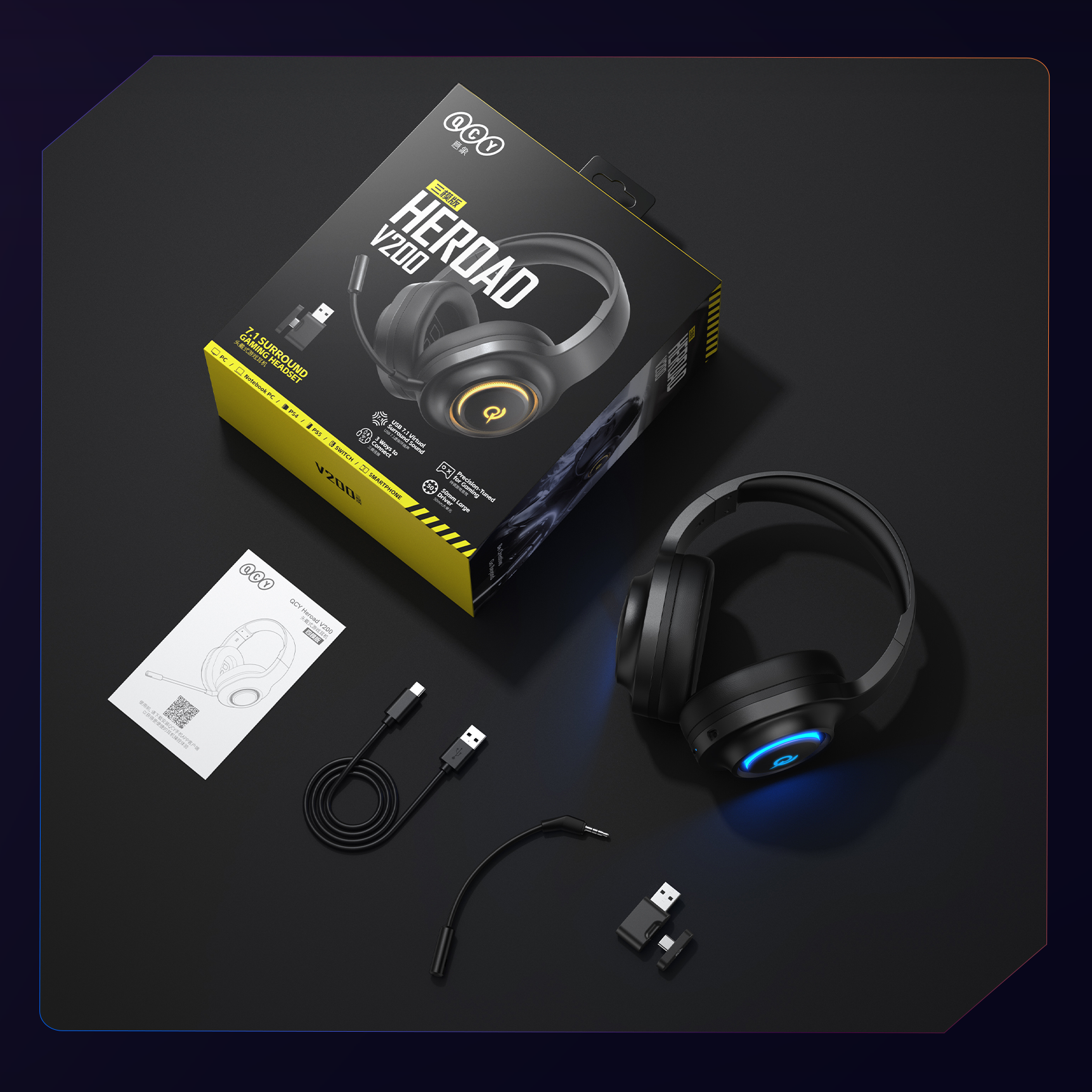 Casque de jeu QCY V200 avec son surround 7.1, lumière LED bleue et connexion USB.