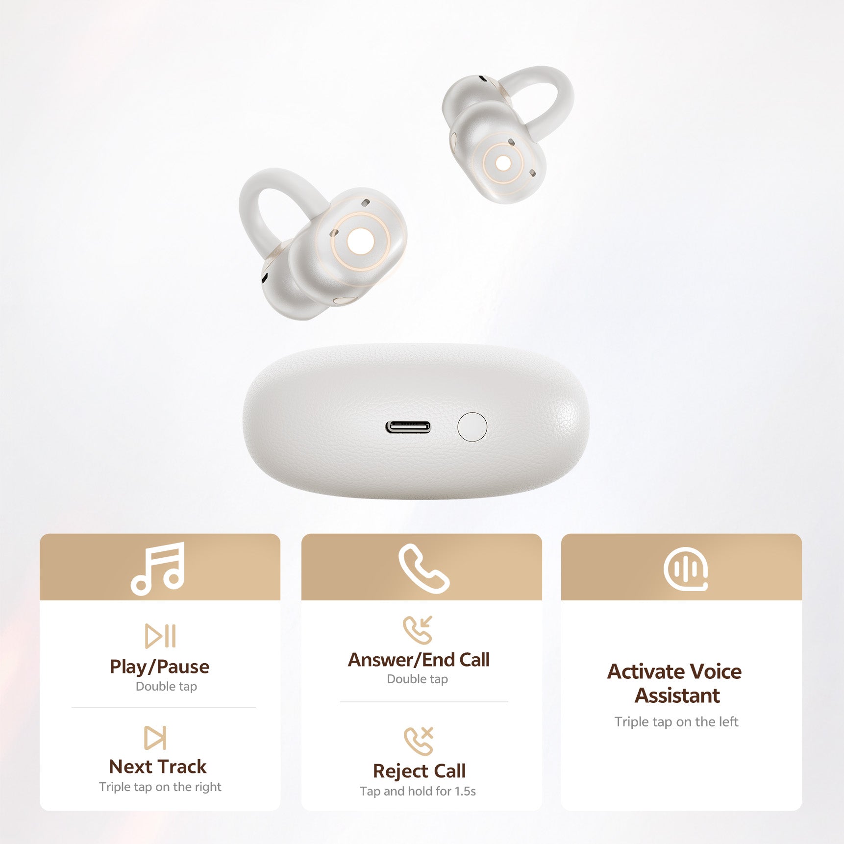 Écouteurs sans fil blancs avec boîtier de chargement – commande tactile pour la musique, les appels et l'assistant vocal.