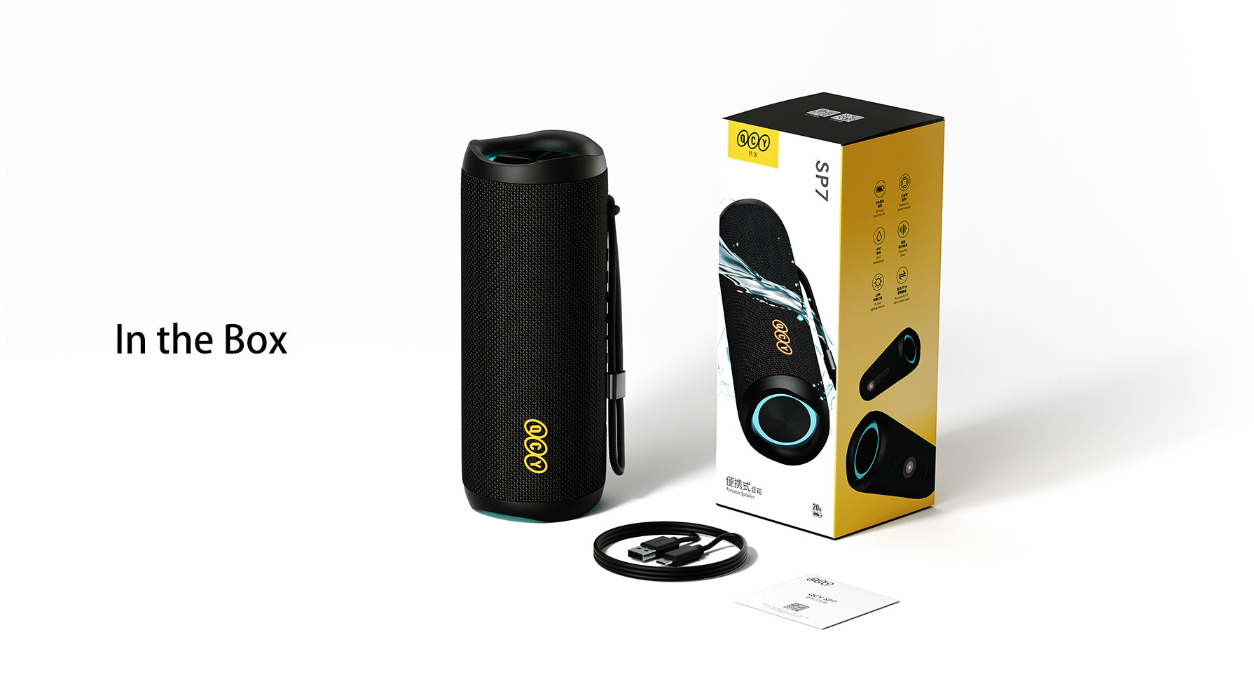 SP7 enceinte Bluetooth portable étanche, avec câble USB et emballage.