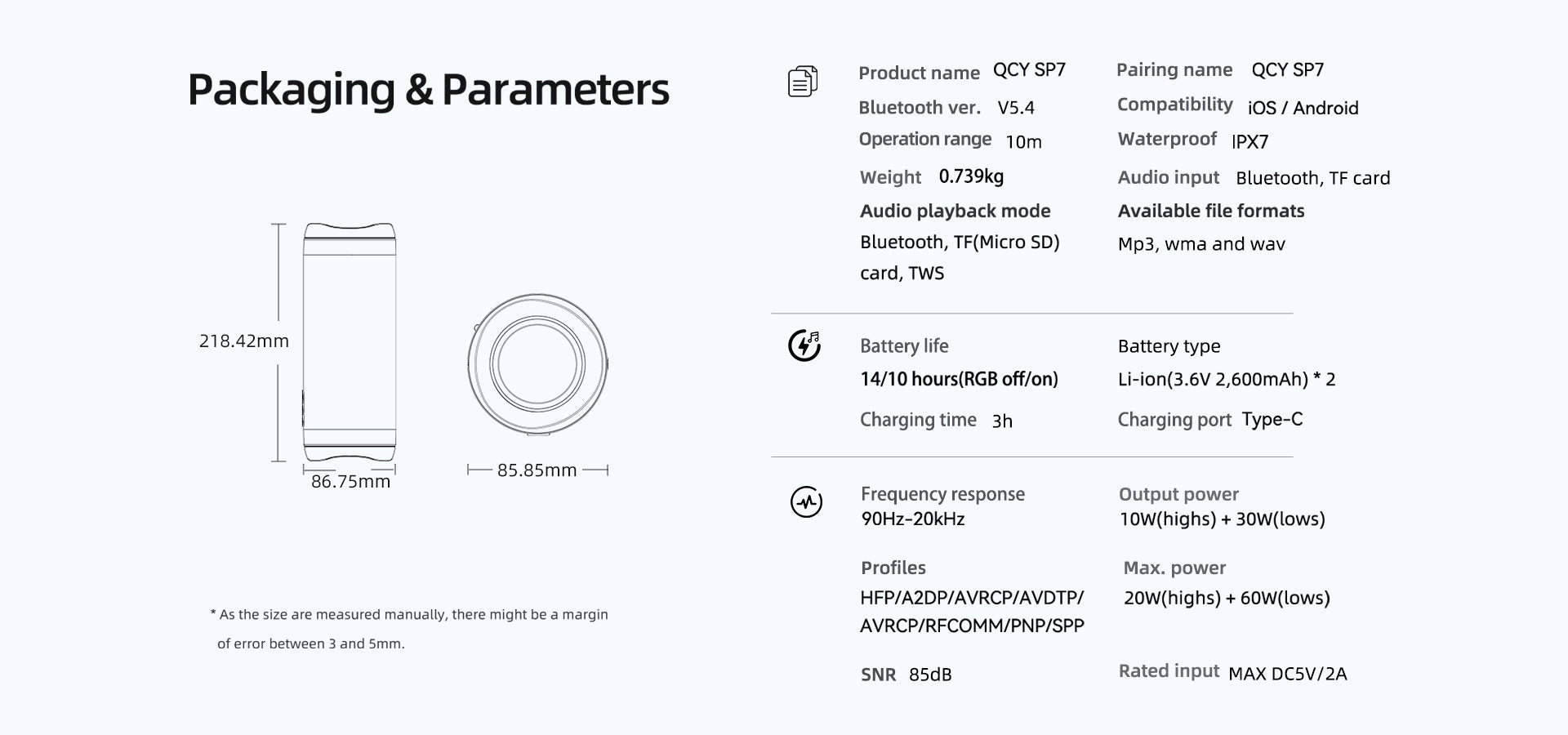 QCY SP7 Enceinte Bluetooth : Caractéristiques techniques et dimensions. Étanche IPX7, puissance 40W, autonomie 14h, Type-C.