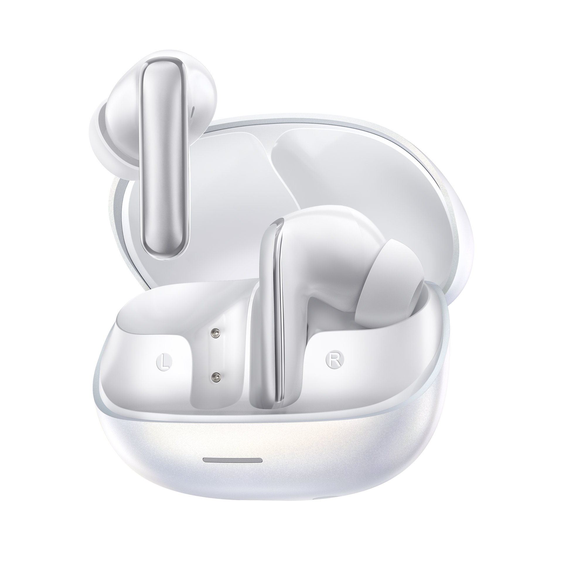 MeloBuds N65 – écouteurs True Wireless blancs avec boîte de chargement.