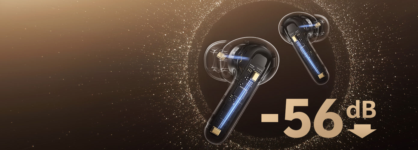 Écouteurs intra-auriculaires haut de gamme avec réduction de bruit de -56 dB, design transparent et lumière LED bleue.