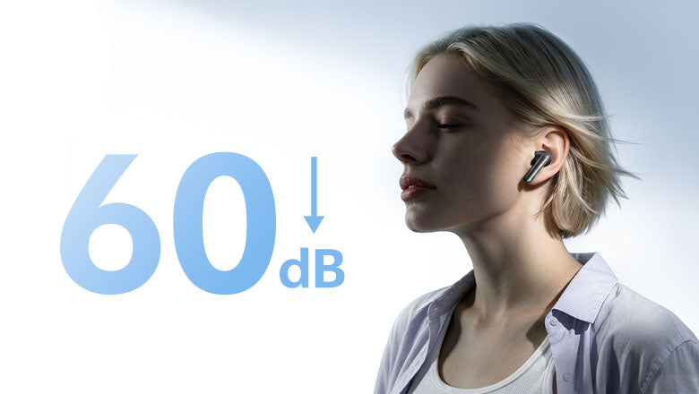 Femme avec casque Bluetooth, réduction de bruit de 60 dB.