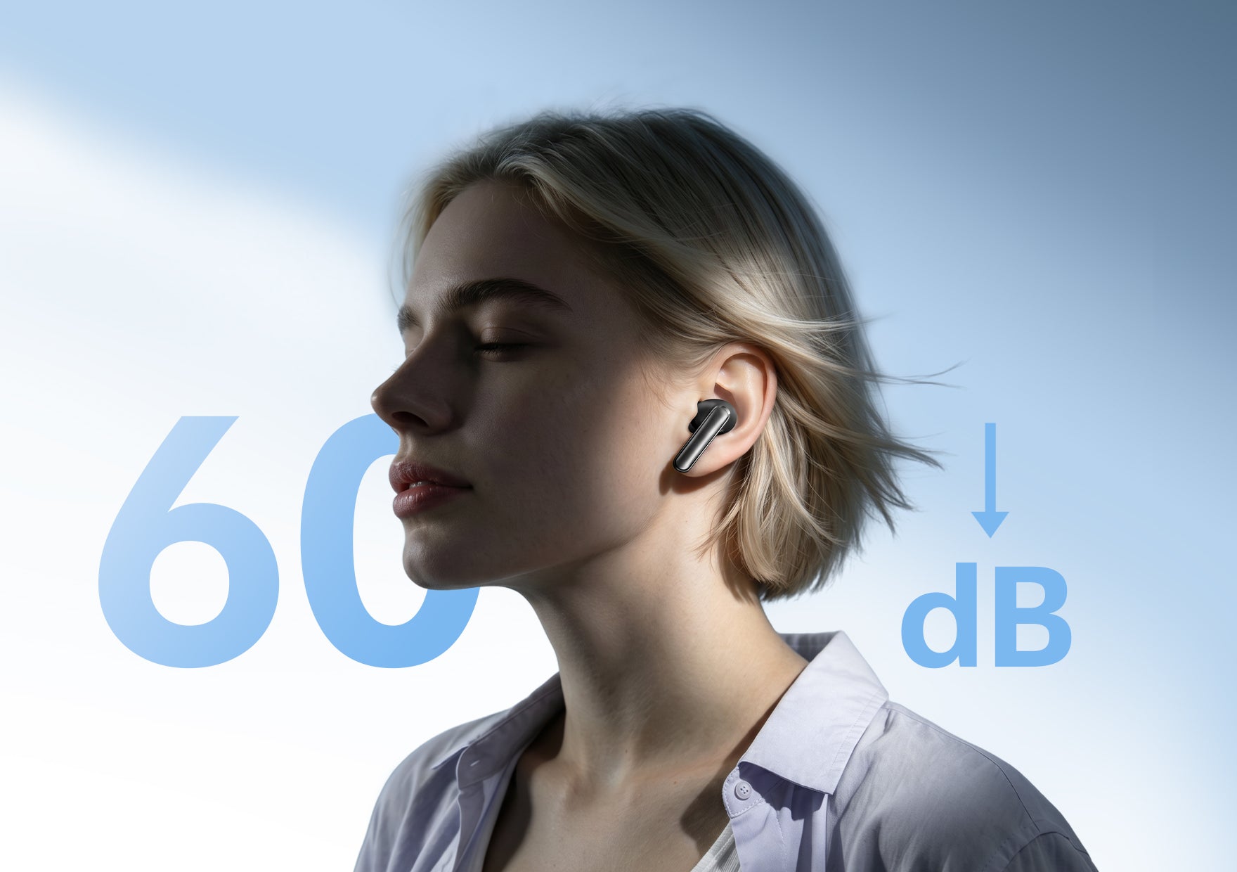 Femme avec casque Bluetooth, réduction de bruit de 60 dB.