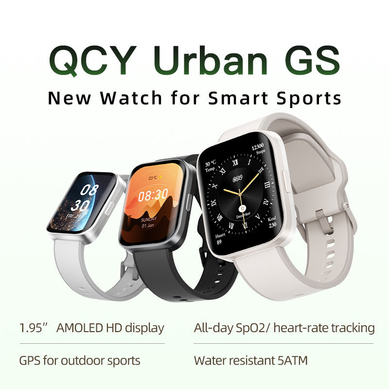 QCY Urban GS Smart Watch highlighting health metrics including heart rate and step count on a modern display