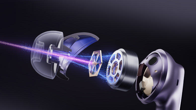 Structure interne des AirPods Pro avec composants visibles et effets lumineux.