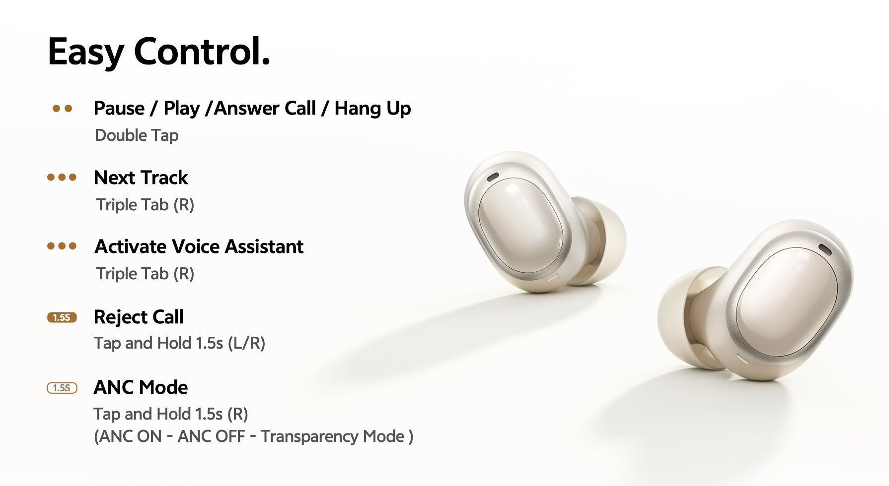 Écouteurs True Wireless argentés avec commande tactile : pause, lecture, appel, assistant vocal, ANC et mode transparence.