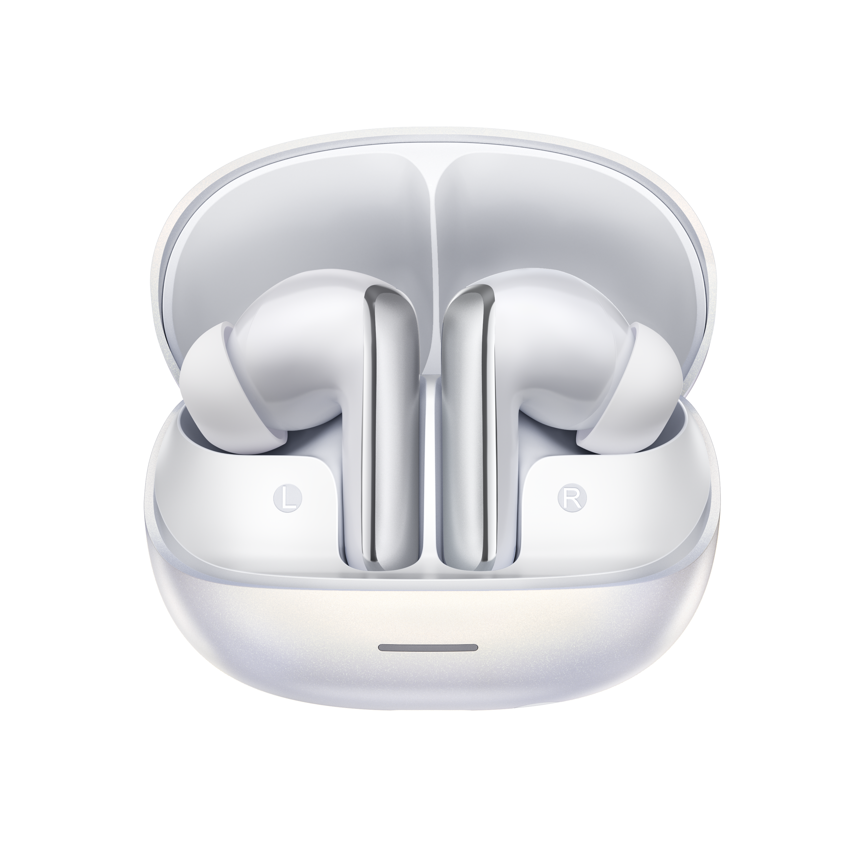 MeloBuds N65 – écouteurs True Wireless blancs avec boîte de chargement, marqués L et R.