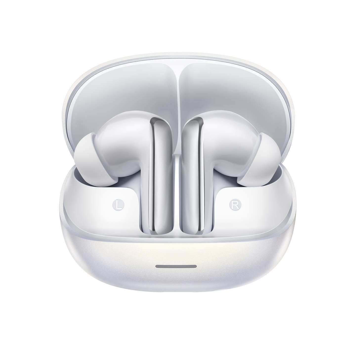MeloBuds N65 – écouteurs True Wireless blancs avec boîte de chargement, marqués L et R.