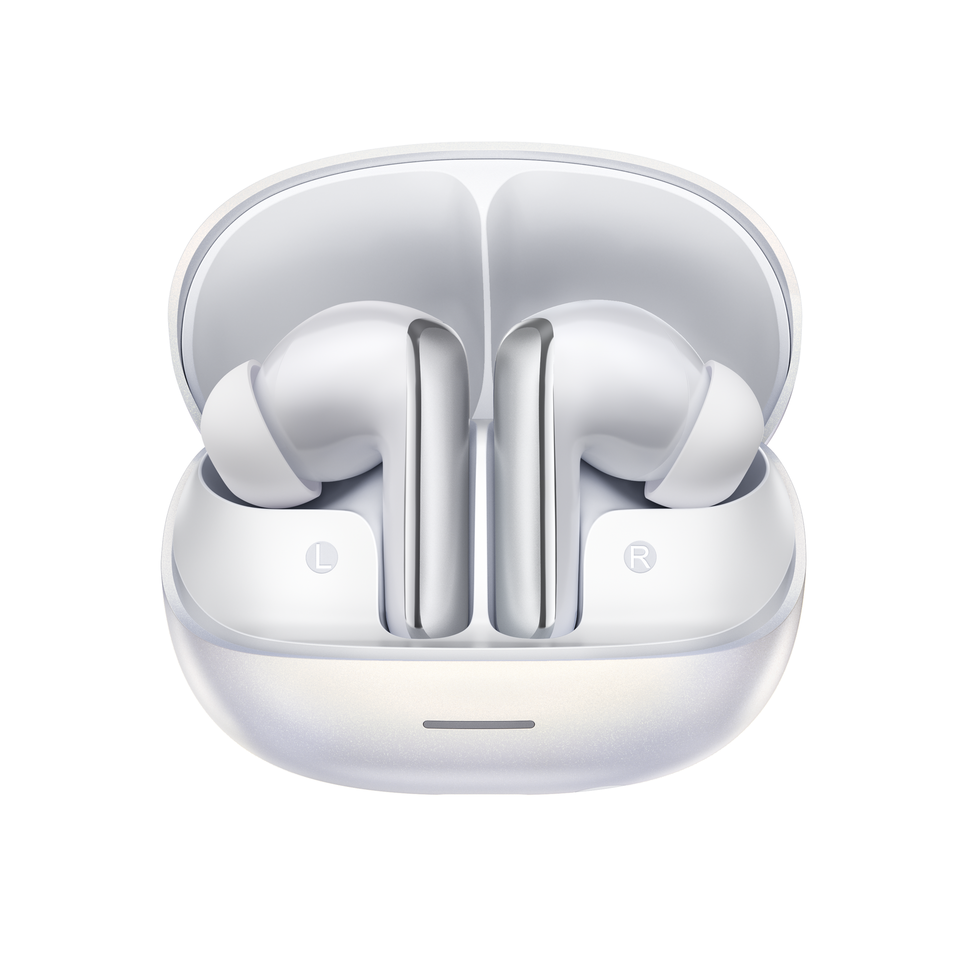 MeloBuds N65 – écouteurs True Wireless blancs avec boîte de chargement, marqués L et R.