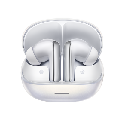 MeloBuds N65 – écouteurs True Wireless blancs avec boîte de chargement, marqués L et R.