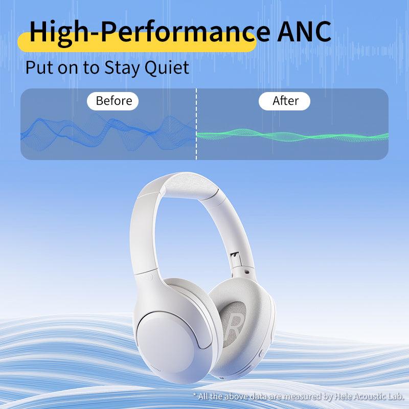 Black QCY H3 Lite headphones with high-performance ANC, showing before and after noise reduction on blue background.
