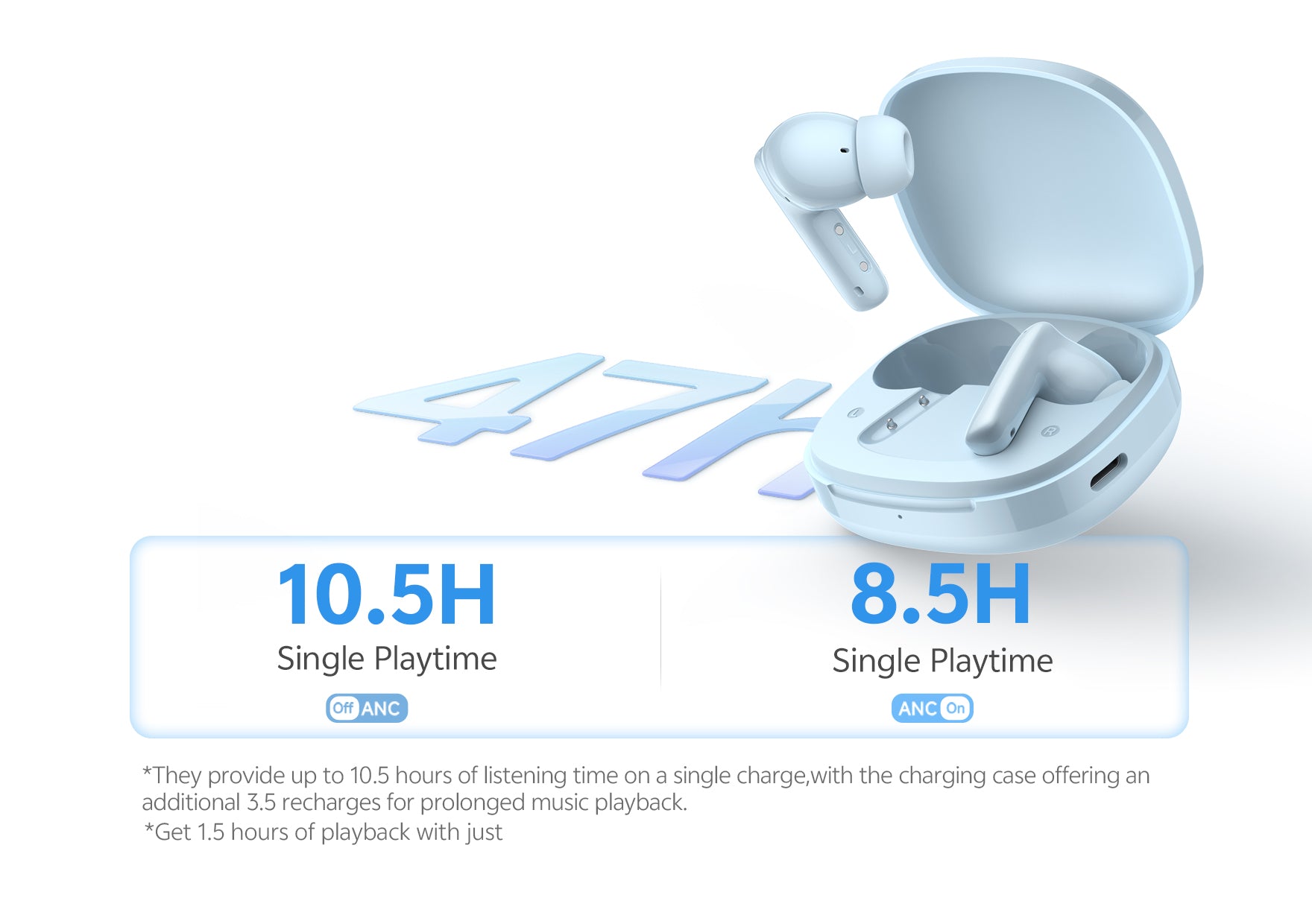 Écouteurs Bluetooth avec autonomie de 10,5 heures et ANC, dans une station de charge bleue, pour une longue écoute musicale