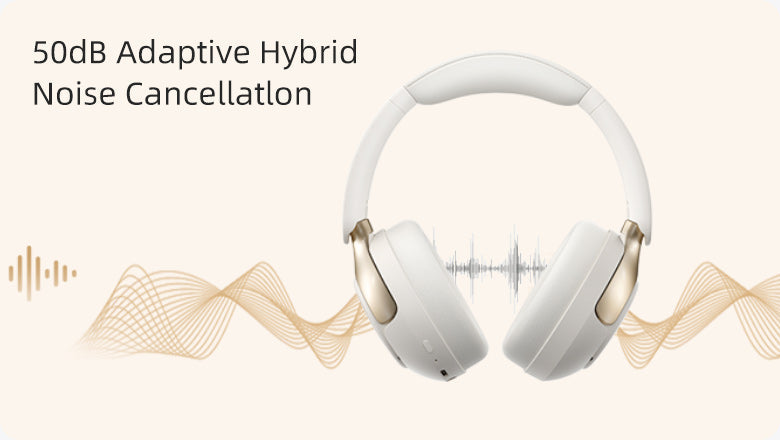 Casque blanc Over-Ear avec suppression adaptative du bruit hybride de 50 dB et animation d'ondes.