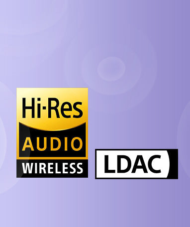 Logo Hi-Res Audio Wireless et LDAC sur fond violet.