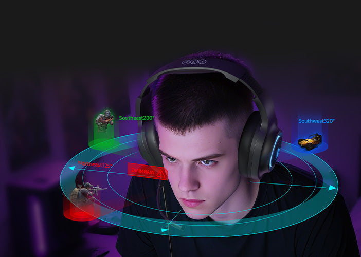 Casque de jeu avec son à 360° pour des expériences immersives.