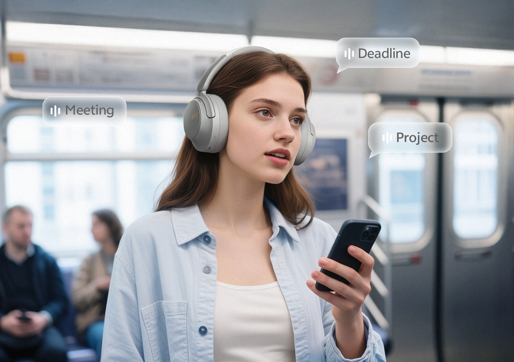 Femme avec des écouteurs dans le métro, entourée de notifications telles que réunion, échéance et projet.