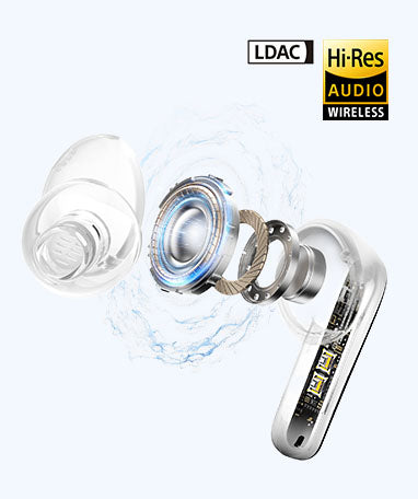 Écouteurs intra-auriculaires sans fil argentés avec LDAC et audio Hi-Res, design transparent.