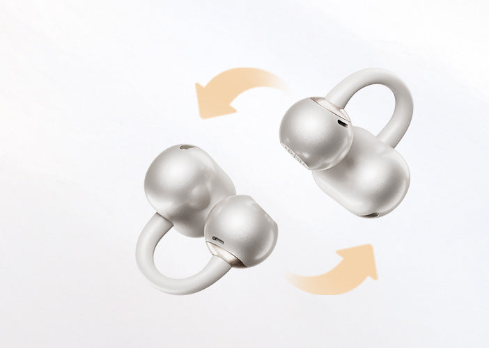Casque Bluetooth argenté avec arceau d'oreille, pivotant pour un ajustement optimal.