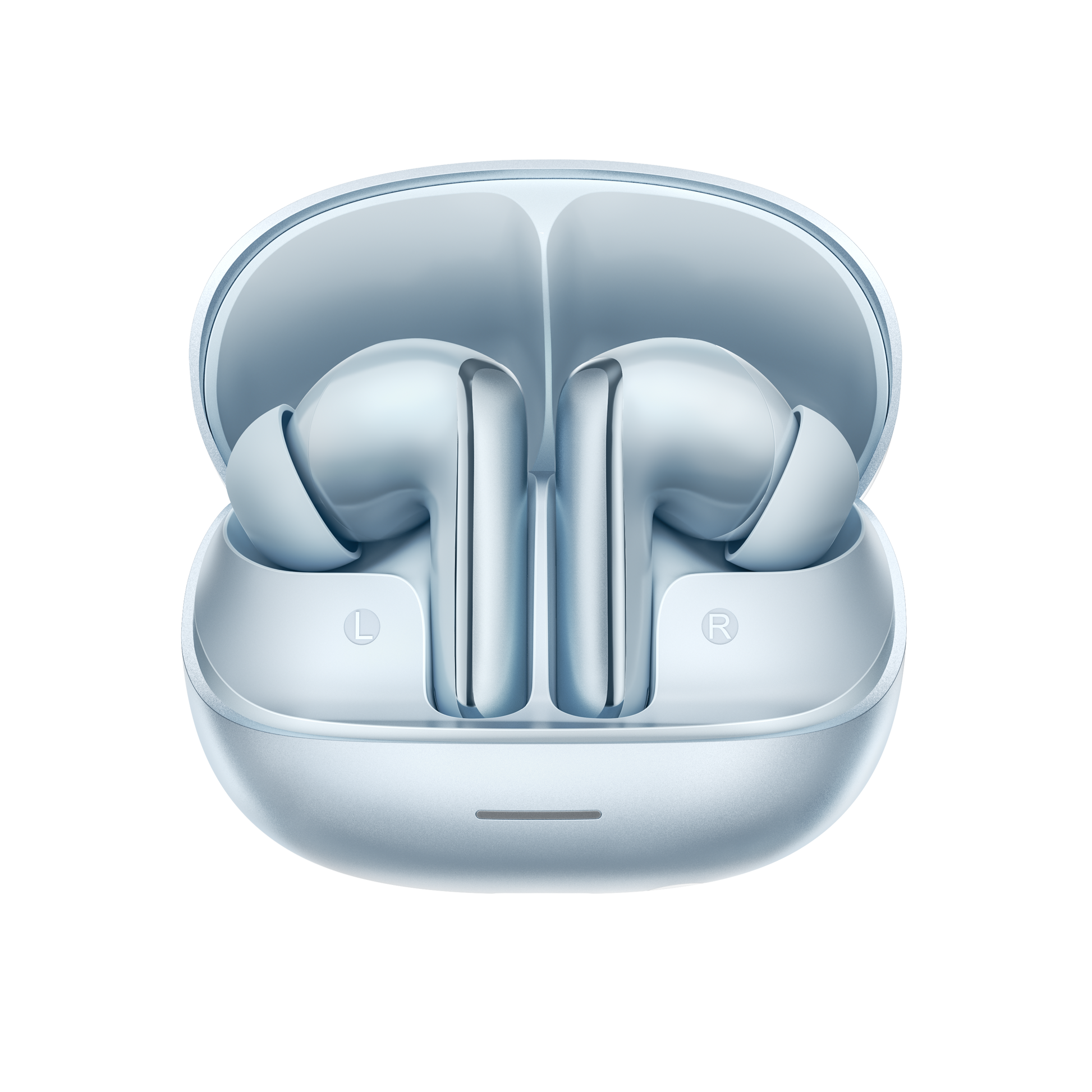 MeloBuds N65 – écouteurs intra-auriculaires élégants bleu clair avec boîte de chargement.