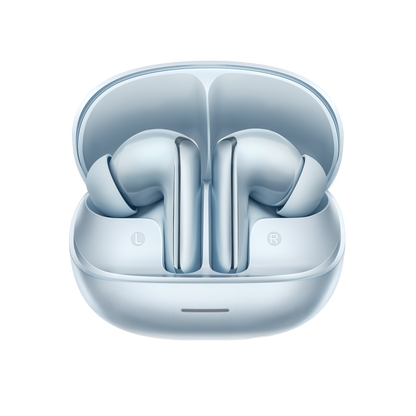 MeloBuds N65 – écouteurs intra-auriculaires élégants bleu clair avec boîte de chargement.