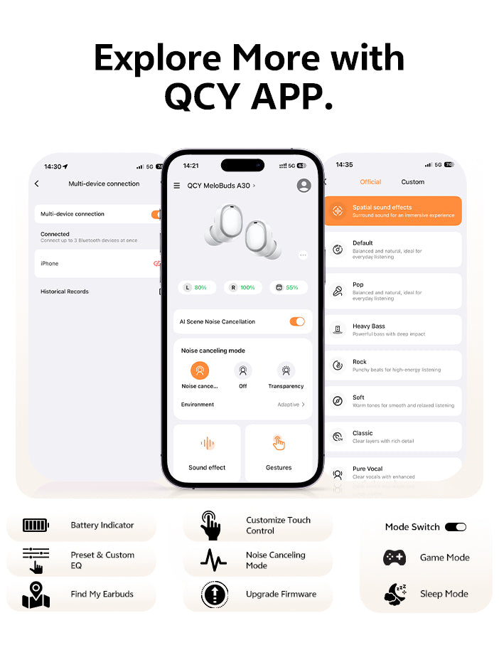 Application QCY pour MeloBuds A30 : affichage de la réduction de bruit, des effets sonores et de la connexion multi-appareils sur un écran de smartphone.